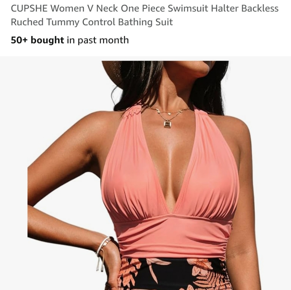Cupshe Peach Halter Swimsuit with Floral Bottom